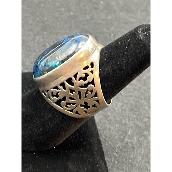 Vintage Sterling Silver Azurite Ring Chunky Open Scrollwork Size 8 Heavy Signed - Picture 3 of 9